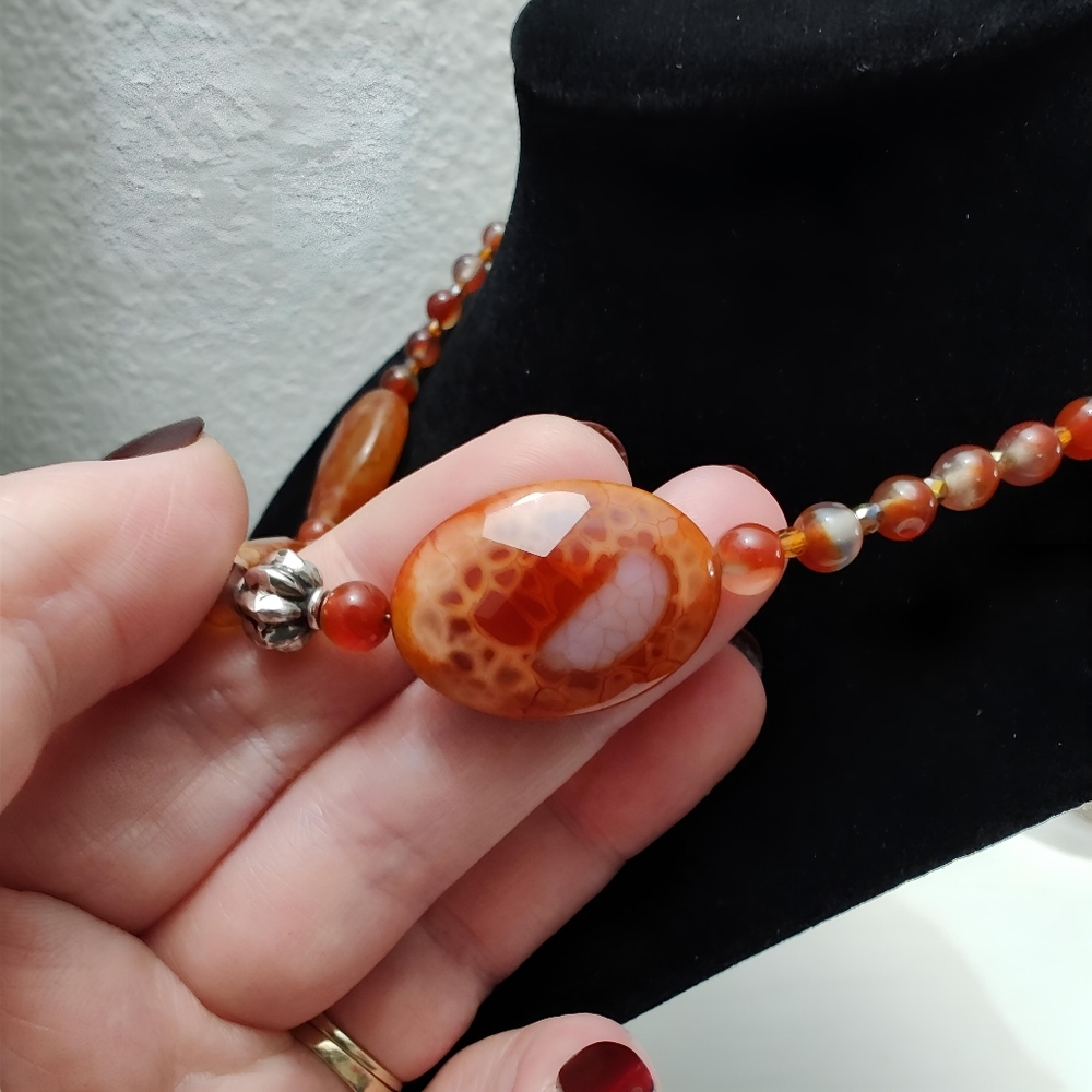 Vintage Sterling Silver Faceted Red Fire Agate Statement Necklace 19" - Picture 5 of 12